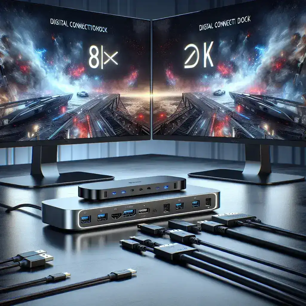 "Estación de acoplamiento CalDigit con soporte doble 8K, destacando su innovador diseño y puertos de conectividad avanzada, ideal para profesionales que buscan maximizar rendimiento y eficiencia en trabajos de edición de video y diseño gráfico."