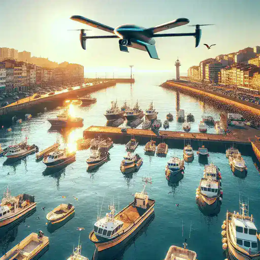 "Drone acuático en el puerto de Gijón, diseñado para vigilancia medioambiental, sobrevolando aguas del puerto para monitorear la calidad del agua y la vida marina en el marco de iniciativas de sostenibilidad."