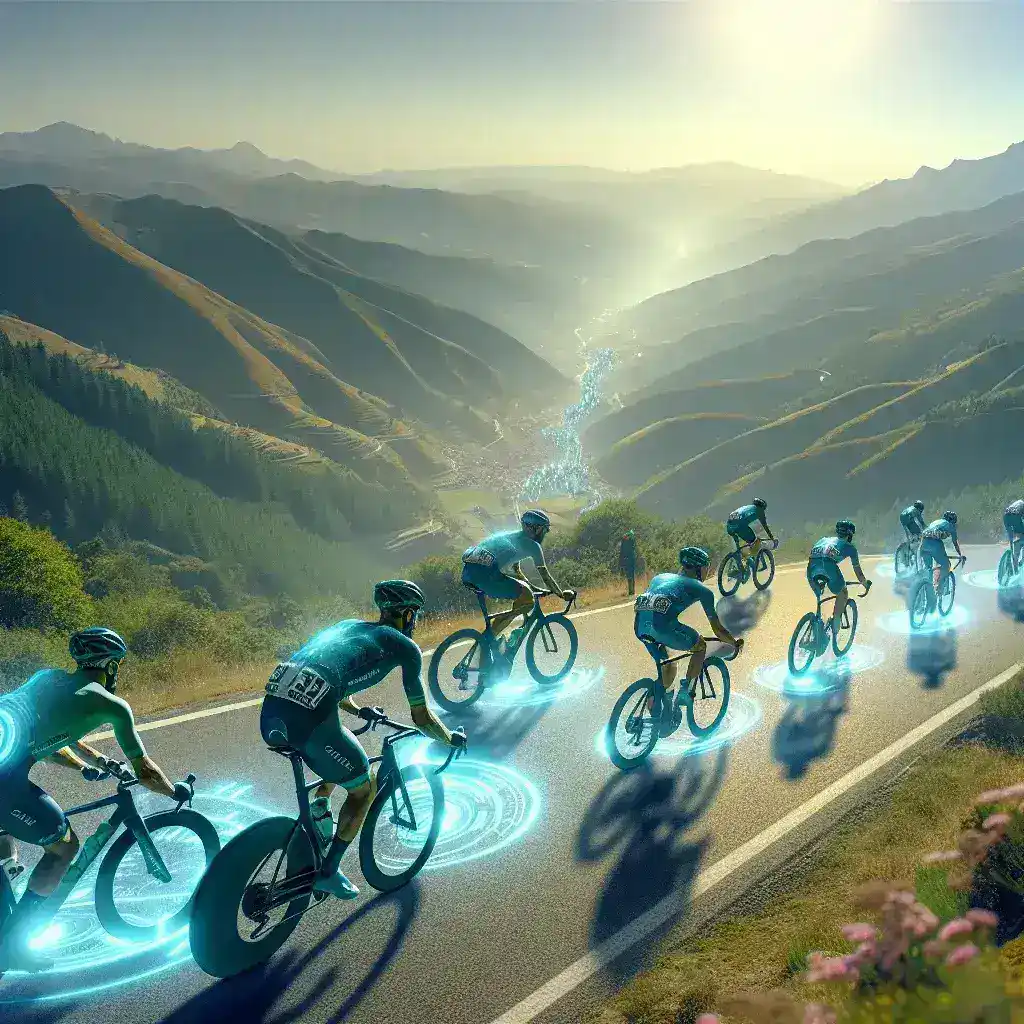"Equipo ciclista de La Vuelta a España utilizando tecnología de seguimiento en tiempo real durante una carrera, mejorando la seguridad de los competidores."
